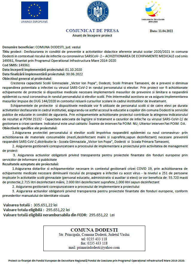 Comunicat de presa incepere proiect